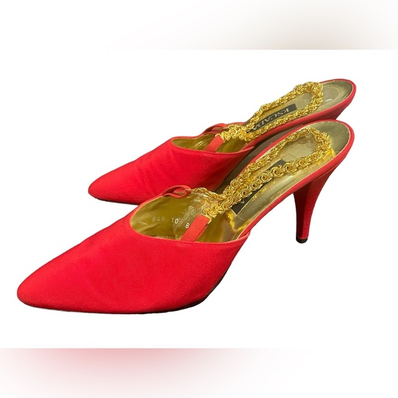 ESCADA Red satin pointed toe gold chain slingback pumps size 10 - Picture 7 of 11